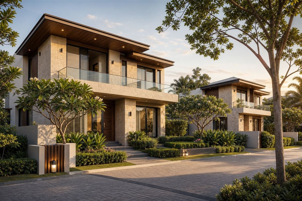 Elegant residential villas with landscaped entrance